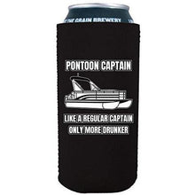 Load image into Gallery viewer, Black 16oz tallboy can koozie with "pontoon captain, like a regular captain only more drunker" funny text design
