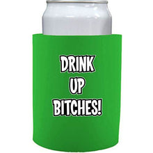 Load image into Gallery viewer, bright green thick foam old school koozie with drink up bitches design
