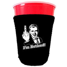 Load image into Gallery viewer, black party cup koozie with im retired design