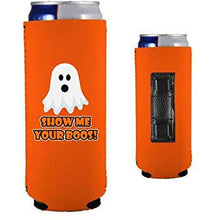 Load image into Gallery viewer, orange magnetic slim can koozie with show me your boos funny halloween design