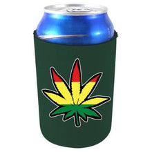 Load image into Gallery viewer, dark green can koozie with pot leaf design filled in red gold and green
