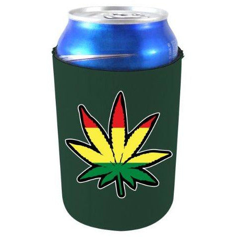 dark green can koozie with pot leaf design filled in red gold and green