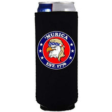 Load image into Gallery viewer, black slim skinny can koozie with "’Murica 1776" logo and bald eagle mullet funny design