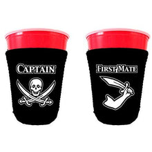 Load image into Gallery viewer, black party cup koozie with captain and first mate design