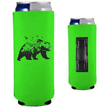 Load image into Gallery viewer, bright green magnetic slim can koozie with mountain bear graphic design