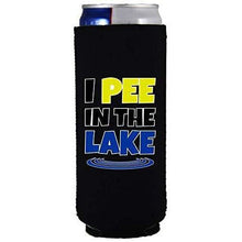 Load image into Gallery viewer, black slim can koozie with “I pee in the lake” funny text design
