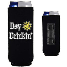 Load image into Gallery viewer, black magnetic slim can koozie with “day drinkin” funny text design