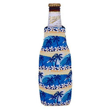 Load image into Gallery viewer, beer bottle koozie with waves, palm trees and beach pattern