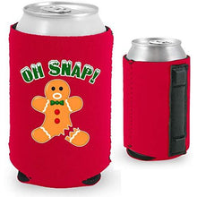 Load image into Gallery viewer, red magnetic can koozie with oh snap funny gingerbread man with broken leg design