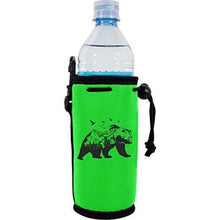 Load image into Gallery viewer, bright green water bottle koozie with mountain bear graphic design
