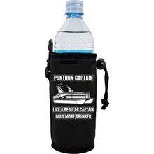 Load image into Gallery viewer, black water bottle koozie with &quot;pontoon captain, like a regular captain only more drunker&quot; funny text design
