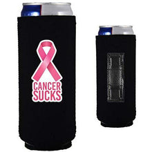 Load image into Gallery viewer, black magnetic slim can koozie with cancer sucks text and pink ribbon graphic