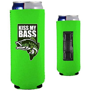 neon green magnetic slim can koozie with "kiss my bass" text and bass fish graphic