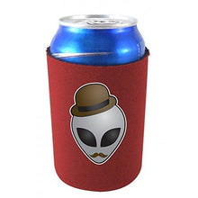 Load image into Gallery viewer, burgundy can koozie with funny alien head wearing a hat and mustache design