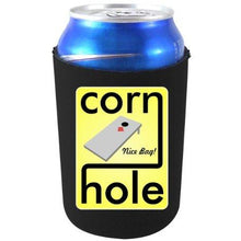 Load image into Gallery viewer, black can koozie with cornhole, nice bag text and game board with bean bag