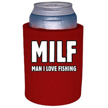 Load image into Gallery viewer, red old school thick foam koozie with milf man i love fishing design