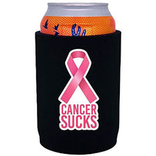 Load image into Gallery viewer, black full bottom can koozie with cancer sucks text and pink ribbon design

