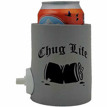Load image into Gallery viewer, party starter device for shotgunning beer thick foam can koozie in gray with funny chug life design and crushed beer can graphic
