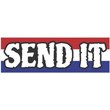Load image into Gallery viewer, vinyl 5 inch sticker with &quot;send it&quot; text and red white and blue background design
