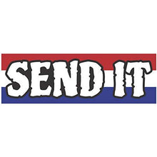 Load image into Gallery viewer, vinyl 5 inch sticker with "send it" text and red white and blue background design