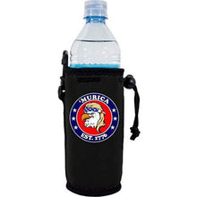 Load image into Gallery viewer, black water bottle koozie with "’Murica 1776" logo and bald eagle mullet funny design