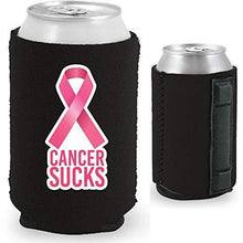Load image into Gallery viewer, black magnetic can koozie with cancer sucks text and pink ribbon graphic