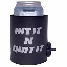 Load image into Gallery viewer, black thick foam can koozie with shotgun beer device and "hit it n quit it" text design in silver
