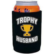 Load image into Gallery viewer, Black full bottom can koozie with trophy husband design 
