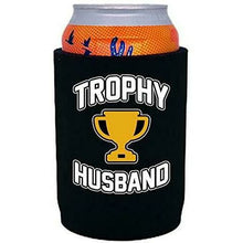 Load image into Gallery viewer, Black full bottom can koozie with trophy husband design