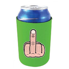 Load image into Gallery viewer, neon green can koozie with middle finger illustration design