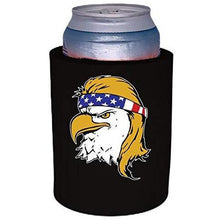 Load image into Gallery viewer, black thick foam old school can koozie with bald eagle with mullet hair funny design