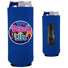 Load image into Gallery viewer, royal blue magnetic slim can koozie with beach life design