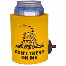 Load image into Gallery viewer, yellow shotgun can koozie with &quot;don&#39;t tread on me&quot; text, snake graphic (gadsden flag) design
