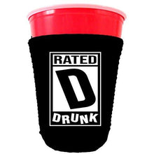Load image into Gallery viewer, black party cup koozie with rated drunk design 
