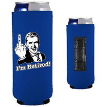 Load image into Gallery viewer, royal blue magnetic slim can koozie with funny i'm retired middle finger design