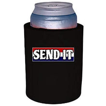 Load image into Gallery viewer, Black thick foam can koozie with “send it” text with red white and blue background design
