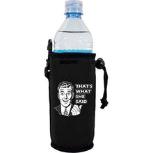 Load image into Gallery viewer, black water bottle koozie with &quot;that&#39;s what she said&quot; funny text and 50&#39;s guy graphic design
