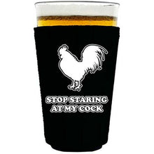 Load image into Gallery viewer, Black pint glass koozie with stop staring at my cock design