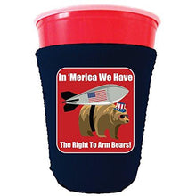 Load image into Gallery viewer, navy party cup koozie with in merica we have the right to arm bears design