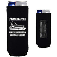 Load image into Gallery viewer, black magnetic slim can koozie with "pontoon captain, like a regular captain only more drunker" funny text design