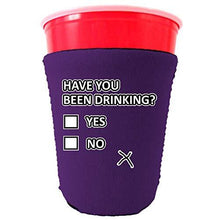 Load image into Gallery viewer, purple party cup koozie with have you been drinking design 
