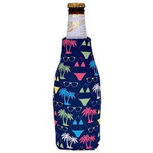 Load image into Gallery viewer, beer bottle koozie with bikini, sunglasses and palm trees pattern design