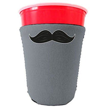 Load image into Gallery viewer, gray party cup koozie with mustache design