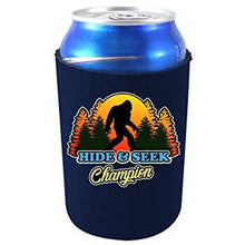 Load image into Gallery viewer, can koozie with navy hide and seek champion design