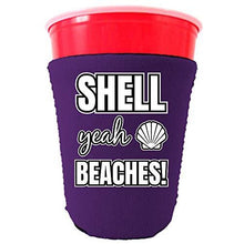 Load image into Gallery viewer, purple party cup koozie with shell yeah beaches design