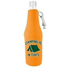 Load image into Gallery viewer, Orange zipper beer bottle koozie with opener and funny camping is in tent design