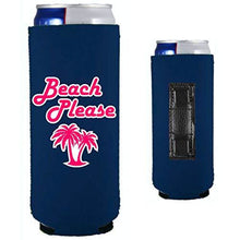 Load image into Gallery viewer, navy magnetic slim can koozie with beach please funny design