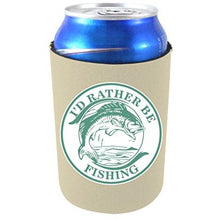 Load image into Gallery viewer, khaki can koozie with "i'd rather be fishing" circular design with bass fish illustration in middle