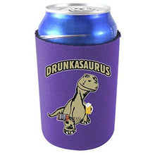 Load image into Gallery viewer, purple can koozie with "drunkasaurus" text and t-rex dinosaur illustration holding a beer and liquor bottle design
