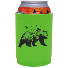 Load image into Gallery viewer, bright green full bottom can koozie with mountain bear graphic design